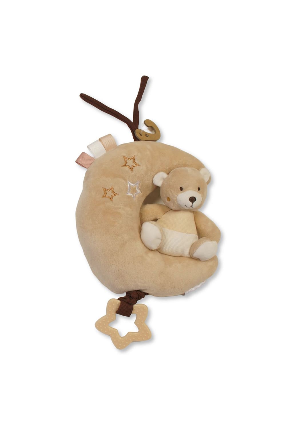 Die Pluesch Spieluhr ist ein herziges Geschenk fuer ein Baby. Der Baer sitzt auf einem Mond, an dem eine Beisshilfe befestigt ist.