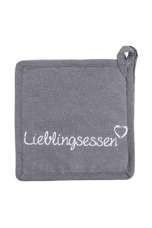 Spruchgeschenk: Topflappen im 2er-Set mit der Aufschrift: Lieblingsessen.