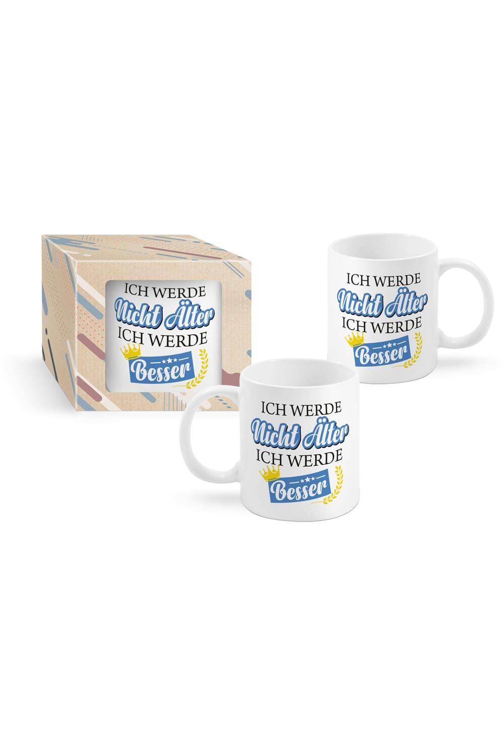 Die Tasse mit dem Spruch: Ich werde nicht aelter, ich werde besser. Die Spruchtasse ist beidseitig bedruckt und verpackt in einer schoenen Kartonbox. Ein kreatives Geschenk fuer Alle, die gerne Kaffee, Tee oder Ovomaltine trinken. Ein perfektes Geschenk zum Geburtstag!