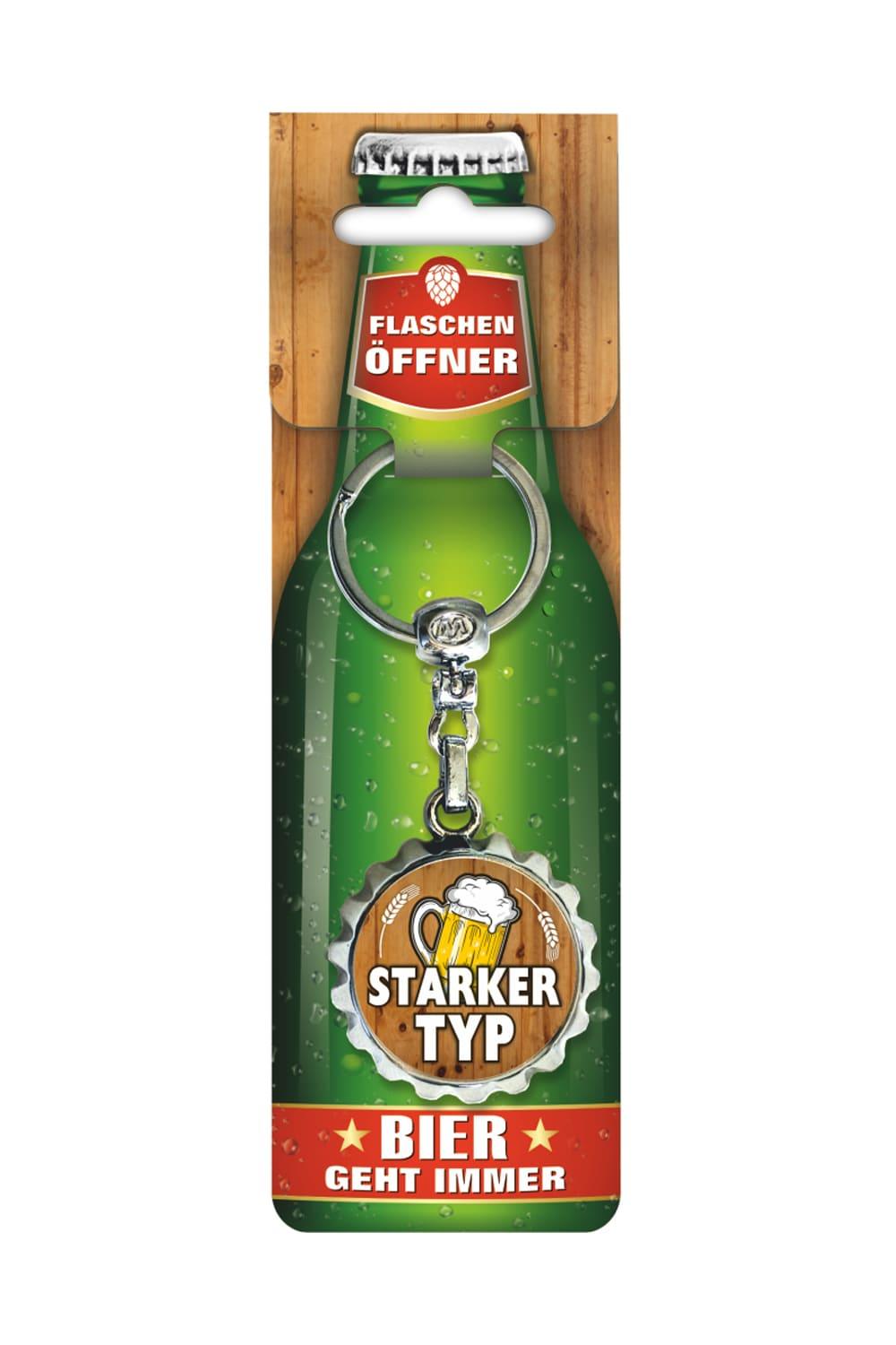 Dieser Bieroeffner ist zugleich auch ein Schluesselanhaenger. Cooler Bier Anhaenger mit dem Spruch: Starker Typ. Ein lustiges Geschenk fuer jeden Anlass.
