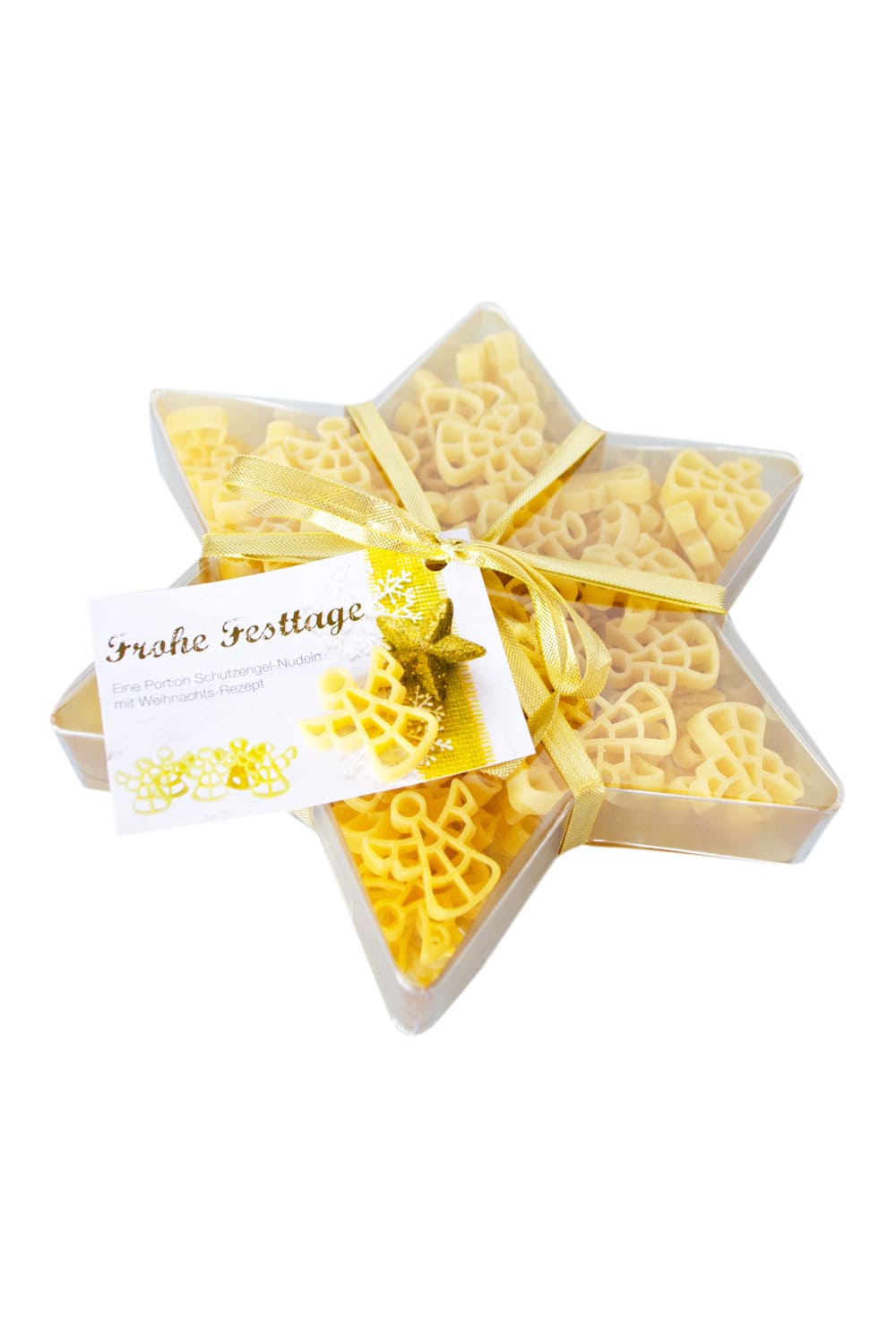 Dieses schoene Sternbox ist gefuellt mit Engelsnudeln. Das perfekte Weihnachtsgeschenk für Ihre Liebsten oder Mitarbeiter. Diese Sternbox ist ein richtiger Hinkucker und schmeckt absolut herrlich. Mit Weihnachtsrezept auf der Etikette (Rückseite).