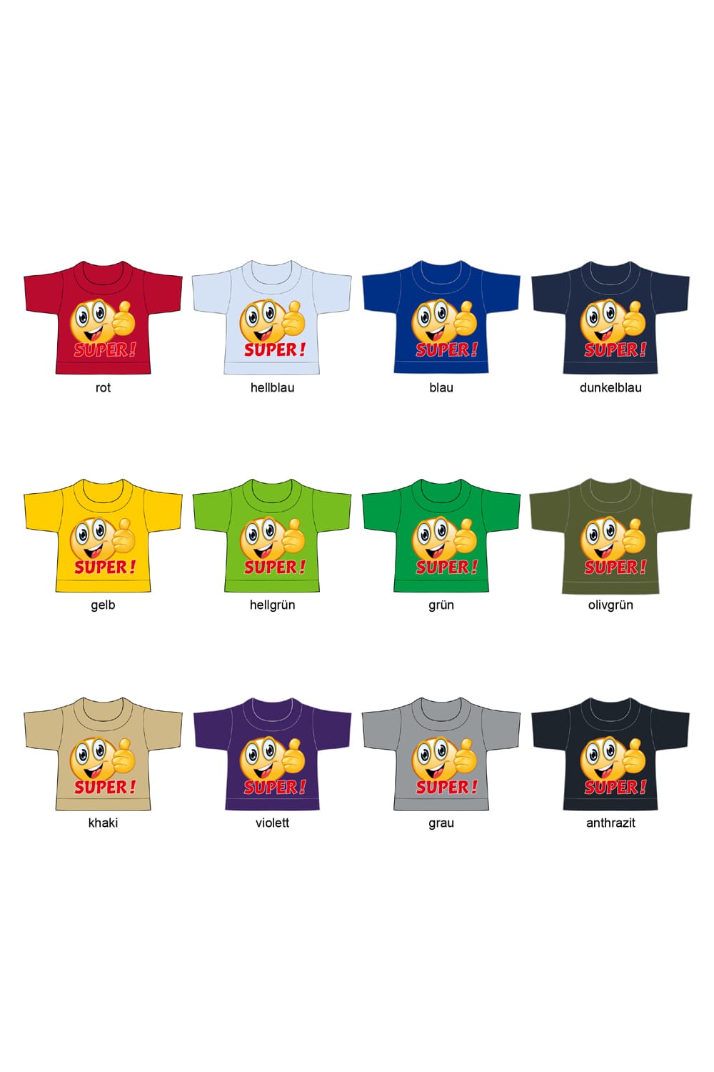 Das Smile Flaschenshirt fuer kreative Geschenkverpackungen! Das Mini-T-Shirt mit der Aufschrift: Super und ein aufgedrucktes Smiley. In diversen Farben erhaeltlich.