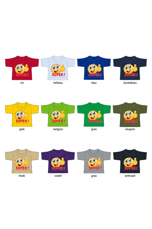 Das Smile Flaschenshirt fuer kreative Geschenkverpackungen! Das Mini-T-Shirt mit der Aufschrift: Super und ein aufgedrucktes Smiley. In diversen Farben erhaeltlich.