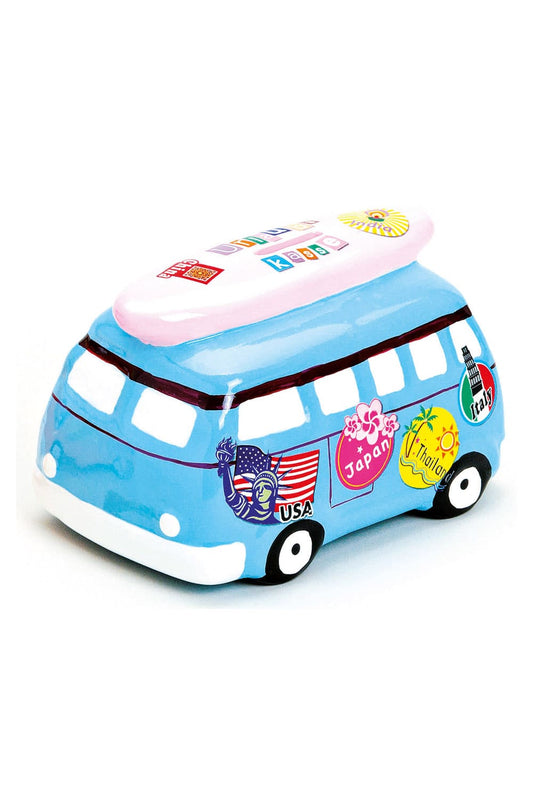 Surfer Bus Sparkaesseli mit Ferien Feeling! Wuenschen Sie mit diesem Urlaubskaesseli und Ihrem Zustupf eine tolle Reise mit unvergesslichen Erlebnissen. Farbe blau!