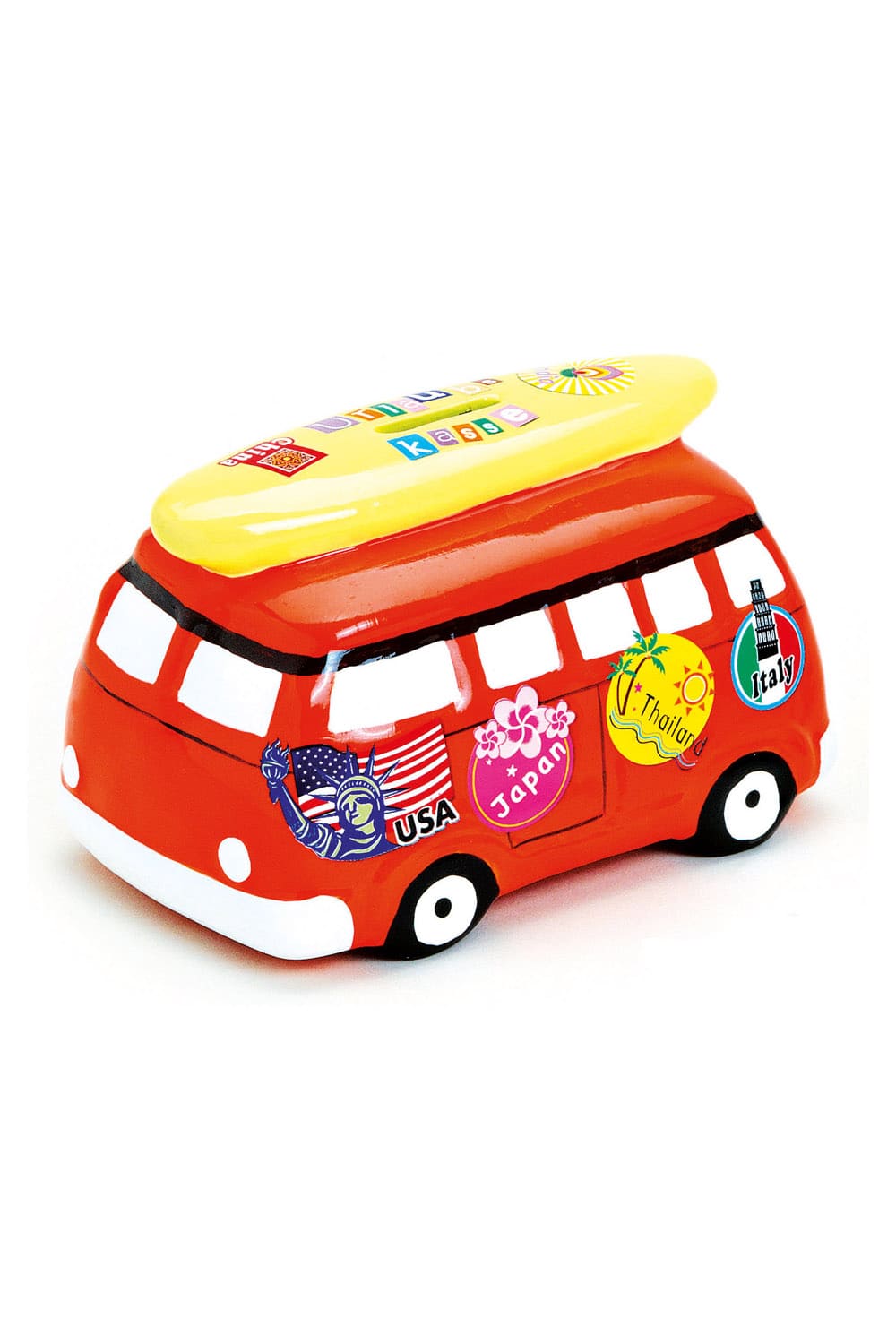 Surfer Bus Sparkaesseli mit Ferien Feeling! Wuenschen Sie mit diesem Urlaubskaesseli und Ihrem Zustupf eine tolle Reise mit unvergesslichen Erlebnissen. Farbe rot!