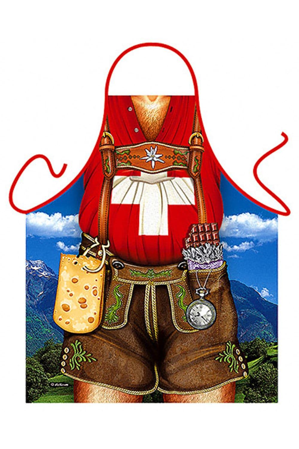Ein Schweizer mit Kaese, Schokolade, Lederhose und Schweiz T-Shirt. Die coole Souvenir Schuerze fuer jeden Anlass! Die lustige Kochschuerze / Grillschuerze ist ein perfektes Geschenk fuer alle Maenner, die Spass und Humor lieben. Die witzige Swiss Man Schuerze ist aus Polyester und ist waschbar bei 50°C.