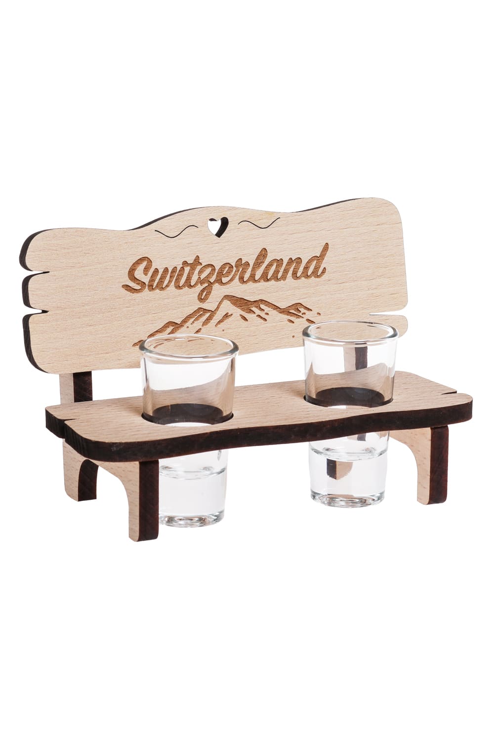 Auf der Schnapsbank steht die Aufschrift: Switzerland. Das Schnapsbaenkli ist ein ideales Geschenk fuer jeden Anlass und ein perfektes Schweizer Souvenir!