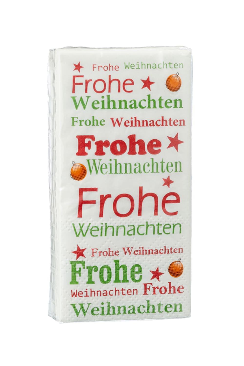 Diese weihnachtlichen Taschentuecher sorgen bestimmt fuer viel Freude. Die beste Begleitung fuer Unterwegs, vor allem bei laufender Nase. Die Taschentuecher mit der Aufschrift: Frohe Weihnachten! Ein Geschenk zu Weihnachten, fuer die Adventszeit und Weihnachtszeit. Auch perfekt fuer das Befuellen eines Adventskalenders.