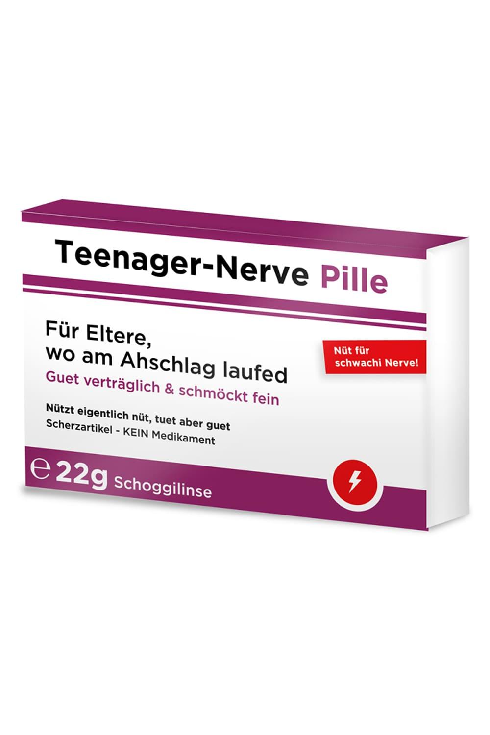 Die Scherztabletten mit mundart Spruechen: Teenager-Nerve Pille. Fuer Eltere, wo am Aschlag laufed. Nuet fuer schwachi Nerve! Humor Apotheke!