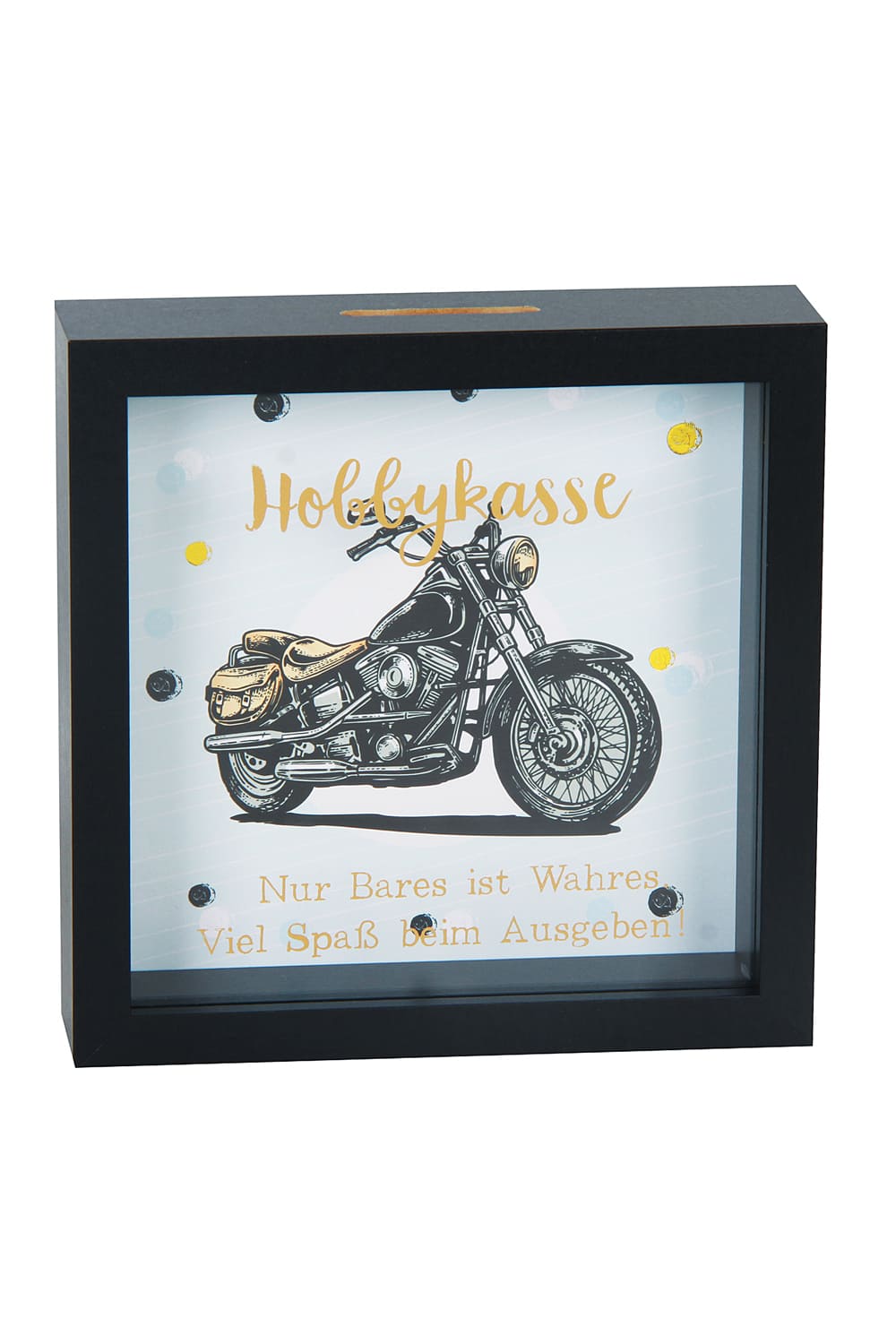 Dieses Toeff Sparkaesseli ist ein ideales Geschenk fuer jede Gelegenheit! Die Holz Sparkasse ist bedruckt mit einem laessigen Motorrad und der Aufschrift: Hobbykasse. Nur Bares ist Wahres. Viel Spass beim ausgeben!