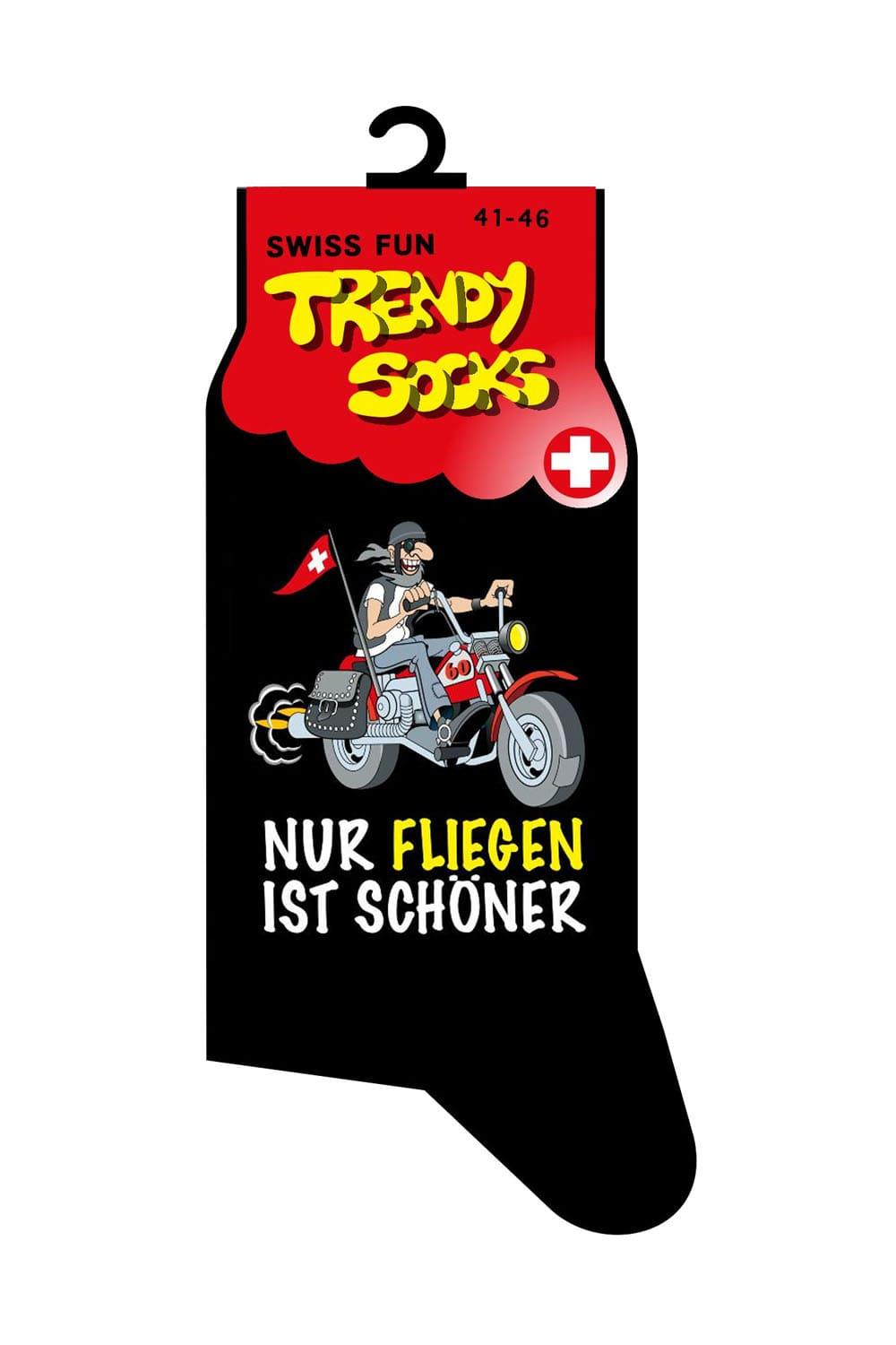 Spasssocken mit dem Spruch: Nur fliegen ist schoener. Zusaetzlich ist auf den Socken ein Mann auf einem Toeff abgebildet. Ein originelles Geschenk fuer alle, die Socken tragen :-) Aber jetzt mal Spass bei Seite. Optimales Geschenk fuer Motorrad Fans!