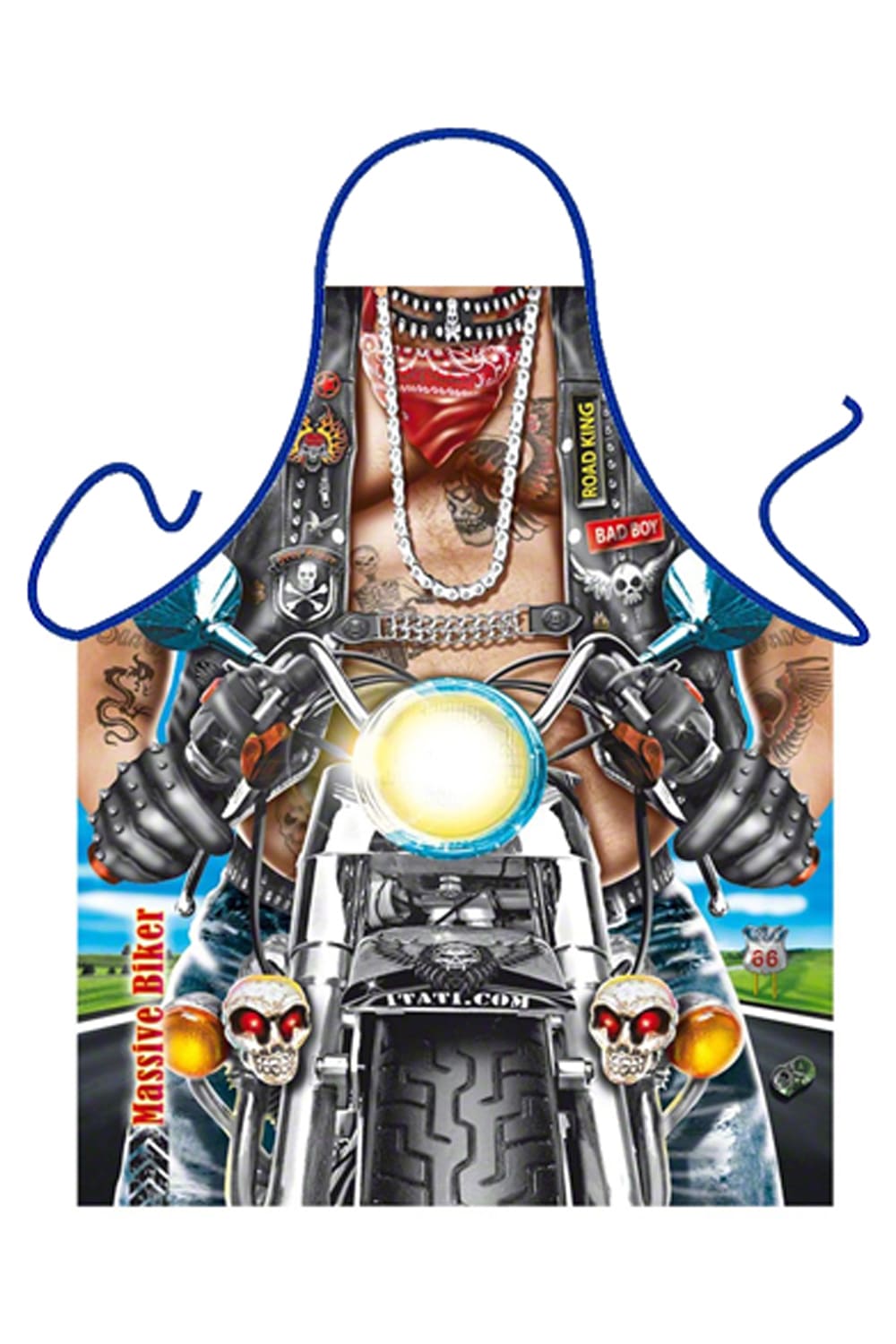 Massive Biker Schuerze. Mann sitzt auf einer Harley Davidson. Das freut jeden Motorrad Fahrer. Die lustige Kochschuerze / Grillschuerze ist ein perfektes Geschenk fuer Motorrad Fans. Die lustige Toefffahrer Funschuerze ist aus Polyester und ist waschbar bei 50°C.