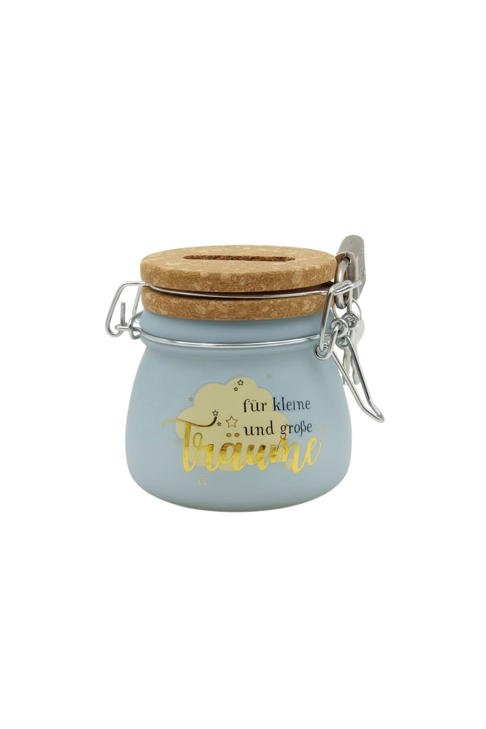 Diese kleine Spardose ist aus Glas und Kork sowie mit Vorhaengeschloss und Schluessel. Auf dem Mini Sparglas steht die Aufschrift: Fuer kleine und grosse Traeume!