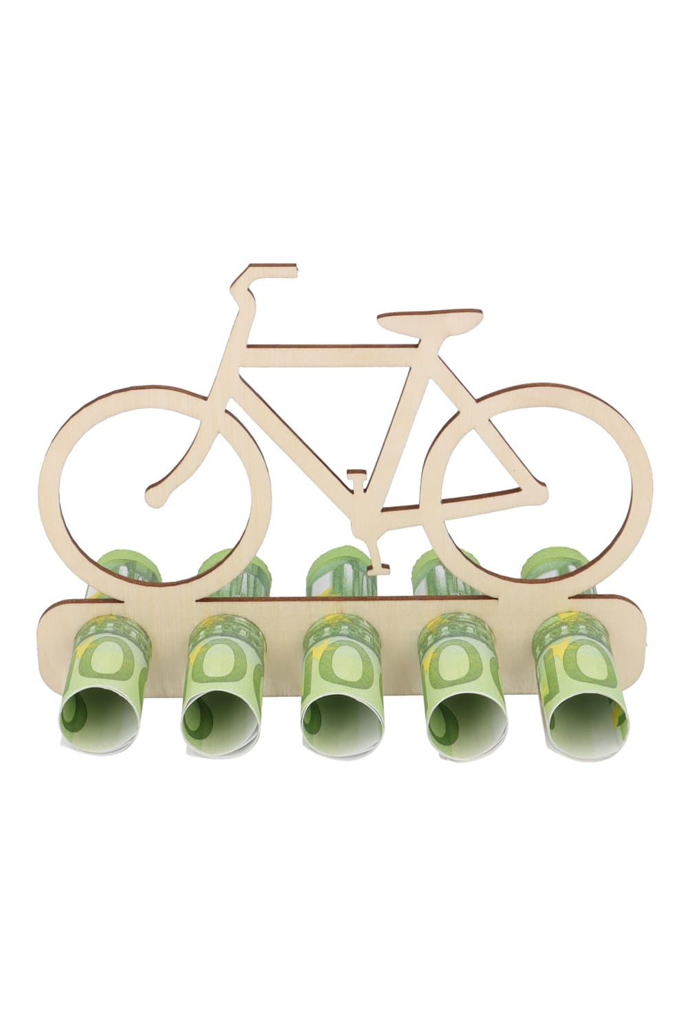 Der Velo Holzaufsteller ist eine perfekte Geschenkidee fuer ein Geldgeschenk oder Gutscheingeschenk. Einfach die Geldnoten rollen und durch die Loecher stecken. Ein originelles Geschenk aus Holz fuer alle Fahrrad Fans. Der Holzaufsteller hat 5 Loecher, in die man Geld oder gerollte Gutscheine stecken kann.