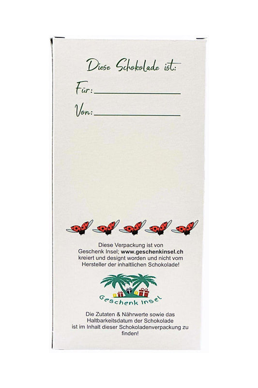 Schokolade mit der Aufschrift: Viel Glueck. Die aufgedruckte Schildkroete haelt einen Strauss voller vierblaettrigen Kleeblaettern in der Hand. Die Gluecksschokolade von geschenkinsel.ch.