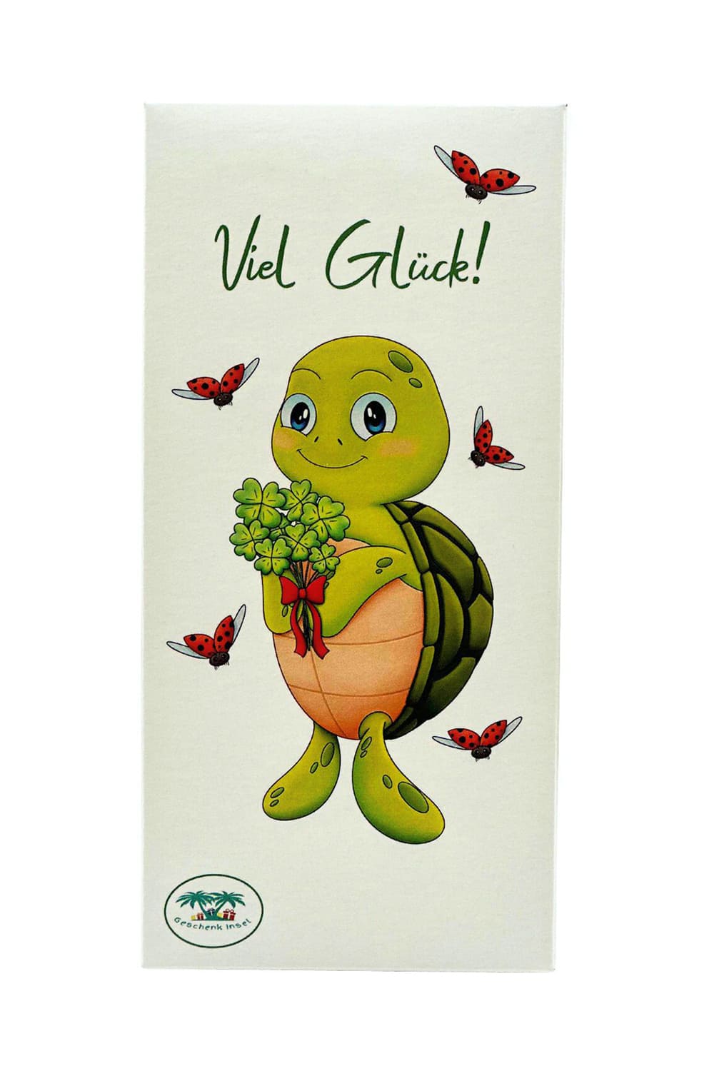 Schokolade mit der Aufschrift: Viel Glueck. Die aufgedruckte Schildkroete haelt einen Strauss voller vierblaettrigen Kleeblaettern in der Hand. Geschenk Insel Eigendesign.