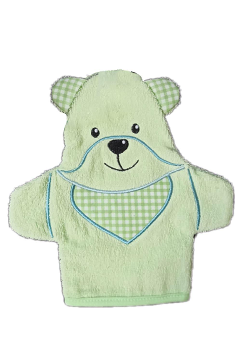 Dieser weiche Waschhandschuh Baer ist ideal fuer einen großen Baby Badespass. Er besteht aus hochwertiger Baumwolle und ist besonders angenehm auf der Baby Haut. Die Farbe ist gruen. Einfach ein tolles und praktisches Babygeschenk.
