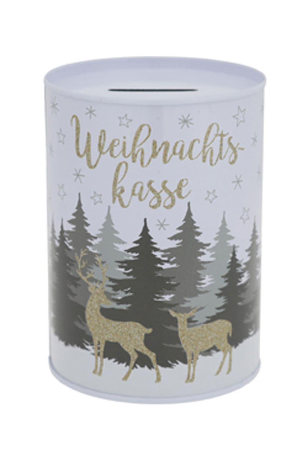 Diese Sparbuechse ist ein ideales Geldgeschenk zu Weihnachten! Die Spardose ist bedruckt mit einem weihnachtlichem Reh Motivbild und der Aufschrift: Weihnachtskasse. Ein kreatives Geldgeschenk zu Weihnachten!