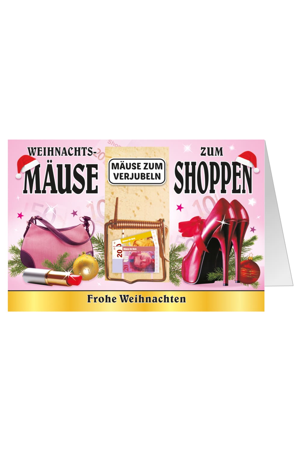 Weihnachtsmaeuse zum shoppen Mausefalle zu Weihnachten. Geldgeschenk fuer die Weihnachtszeit. Frohe Weihnachten. Maeuse zum verjubeln. Originelle und kreative Doppelkarte als Geldgeschenk