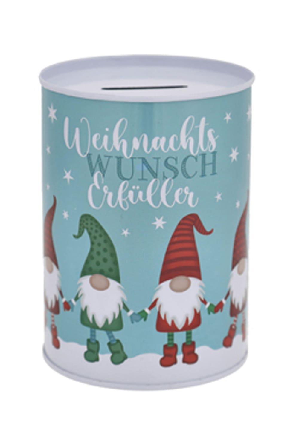 Die Spardose ist bedruckt mit der Aufschrift: Weihnachtswunsch Erfueller. Ein kreatives Geldgeschenk zu Weihnachten!