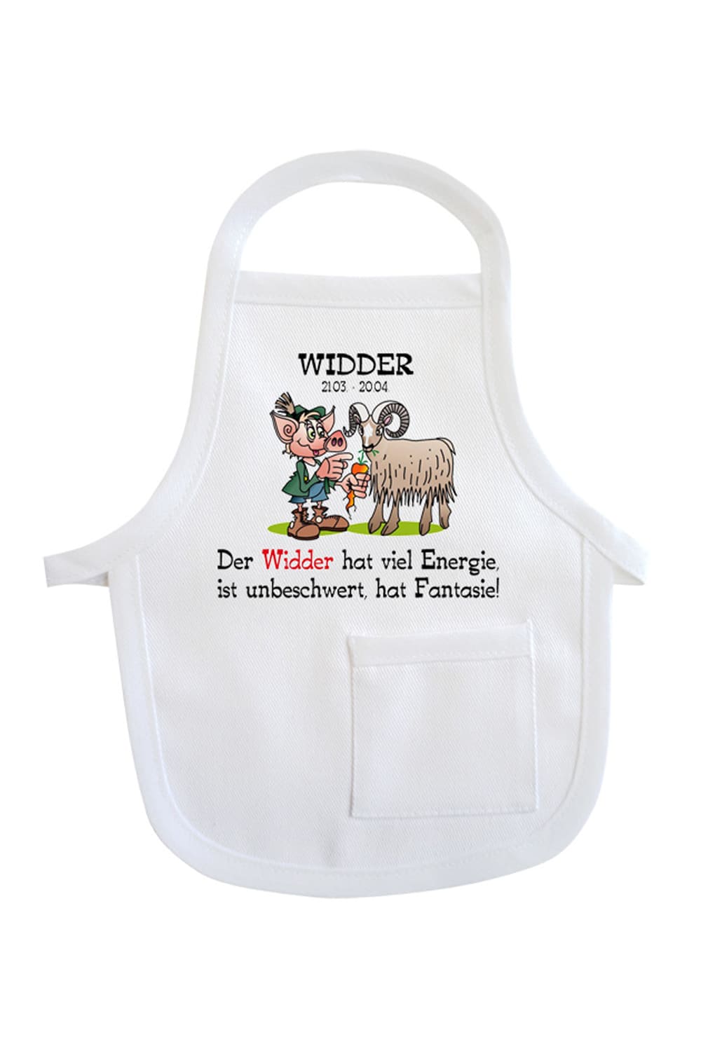 Mini-Schuerze als Geschenkverpackung. Die Sternzeichen Flaschenschuerze mit dem Spruch: Widder 21.03-20.04. Hat viel Energie, ist unbeschwert, hat Fantasie!