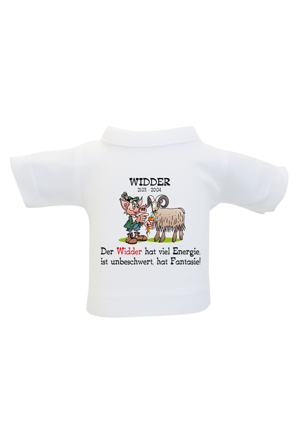 Mini-T-Shirt als Geschenkverpackung. Das Sternzeichen Flaschenshirt mit dem Spruch: Widder 21.03-20.04. Hat viel Energie, ist unbeschwert, hat Fantasie!