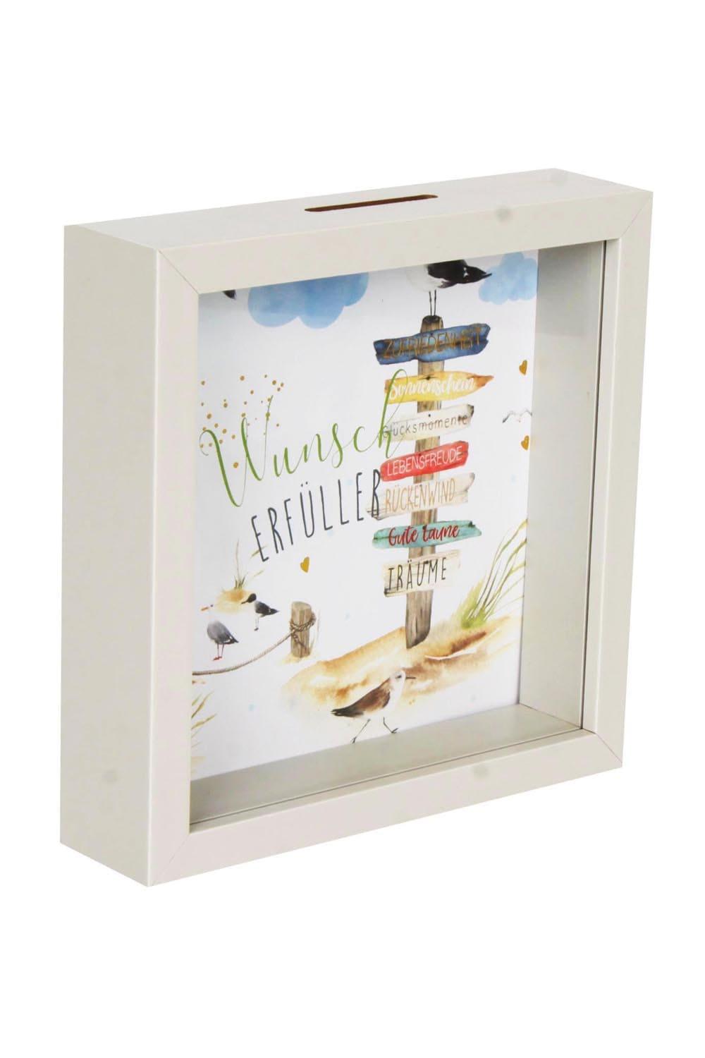 Das Holz Sparkaesseli mit der Aufschrift: Wunscherfueller. Spardose mit Wegweiser Motiv und herzigen Worten.