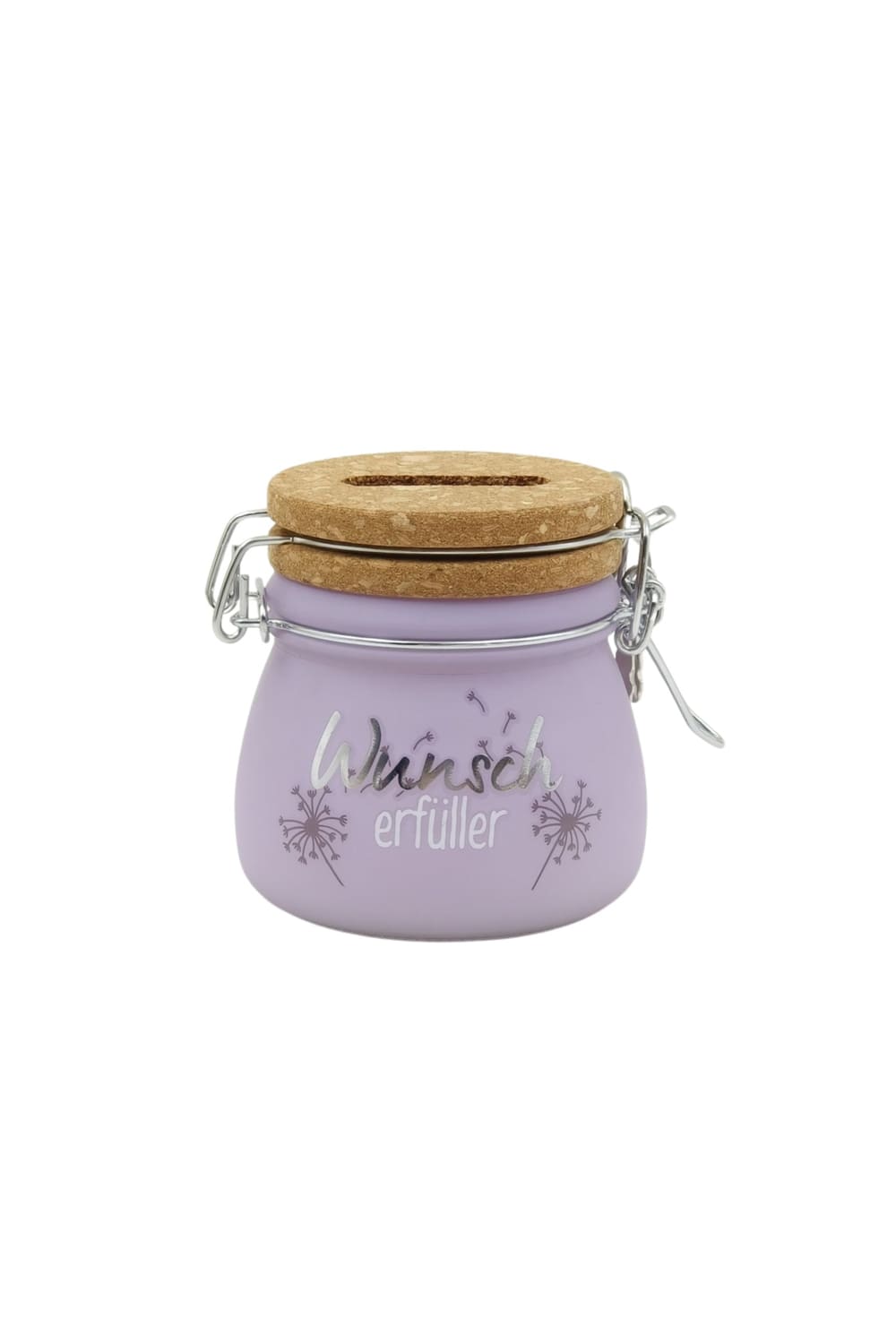 Diese kleine Spardose ist aus Glas und Kork sowie mit Vorhaengeschloss und Schluessel. Auf dem Mini Sparglas steht die Aufschrift: Wunscherfueller!