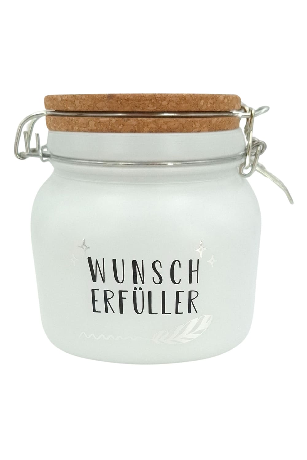 Diese Spardose ist aus Glas und Kork sowie mit Vorhaengeschloss und Schluessel. Auf dem Sparglas steht die Aufschrift: Wunscherfueller!