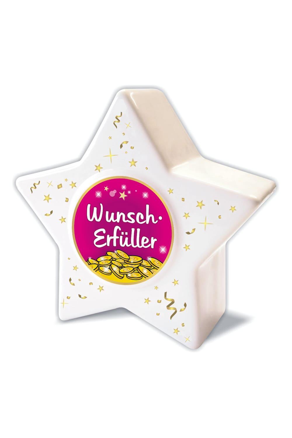 Diese Wunscherfueller Sternkasse ist aus Keramik sowie glasiert und misst ca. 15 x 15 x 6 cm. Auf dem Stern Sparkaesseli steht die Aufschrift: Wunscherfueller. Mit dem Fuettern dieser Sternkasse, ermoeglichen Sie der beschenkten Person das Erfuellen eines Wunsches. Ein ideales Geldgeschenk zum Geburtstag, zu Weihnachten usw.