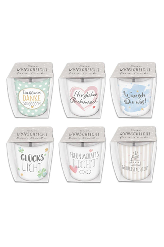 Windlicht aus Glas mit Spruch! Umwickelt mit bedrucktem Pergamentpapier. 6 diverse Sprueche zur Auswahl. Herziges Wunschlicht Kerzenglas als Geschenk.