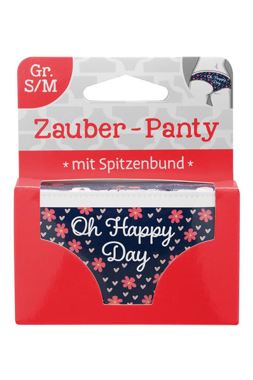 Die witzige Unterhose ist ein perfektes Geschenk fuer die Frau. Die Frauenunterhose mit der Aufschrift: Oh Happy Day, ist mit Spitzenbund und in der Einheitsgroesse S/M. Die Zauberunterhose ist in eine kleine Box gepresst. Die magische Panty 15 Minuten ins Wasser legen bis sich das Hoeschen vollstaendig entfaltet hat!
