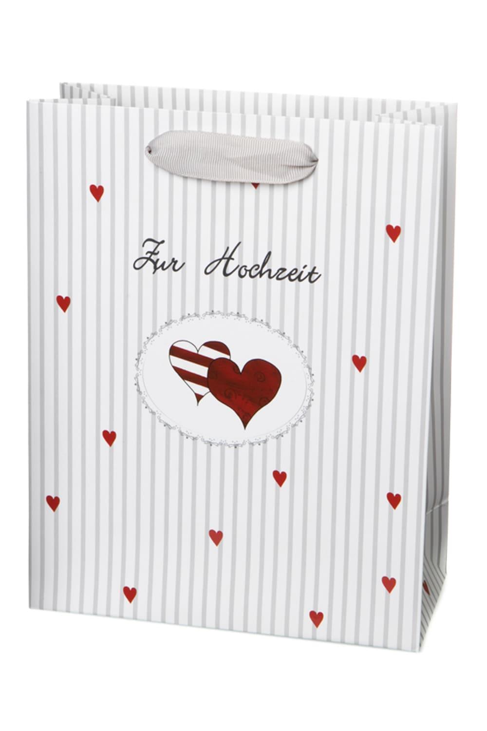 Hochwertige Geschenktasche mit der Aufschrift: Zur Hochzeit und schoenem Herz Motiv. Einfach eine originelle und herzige Geschenkverpackung zur Hochzeit.
