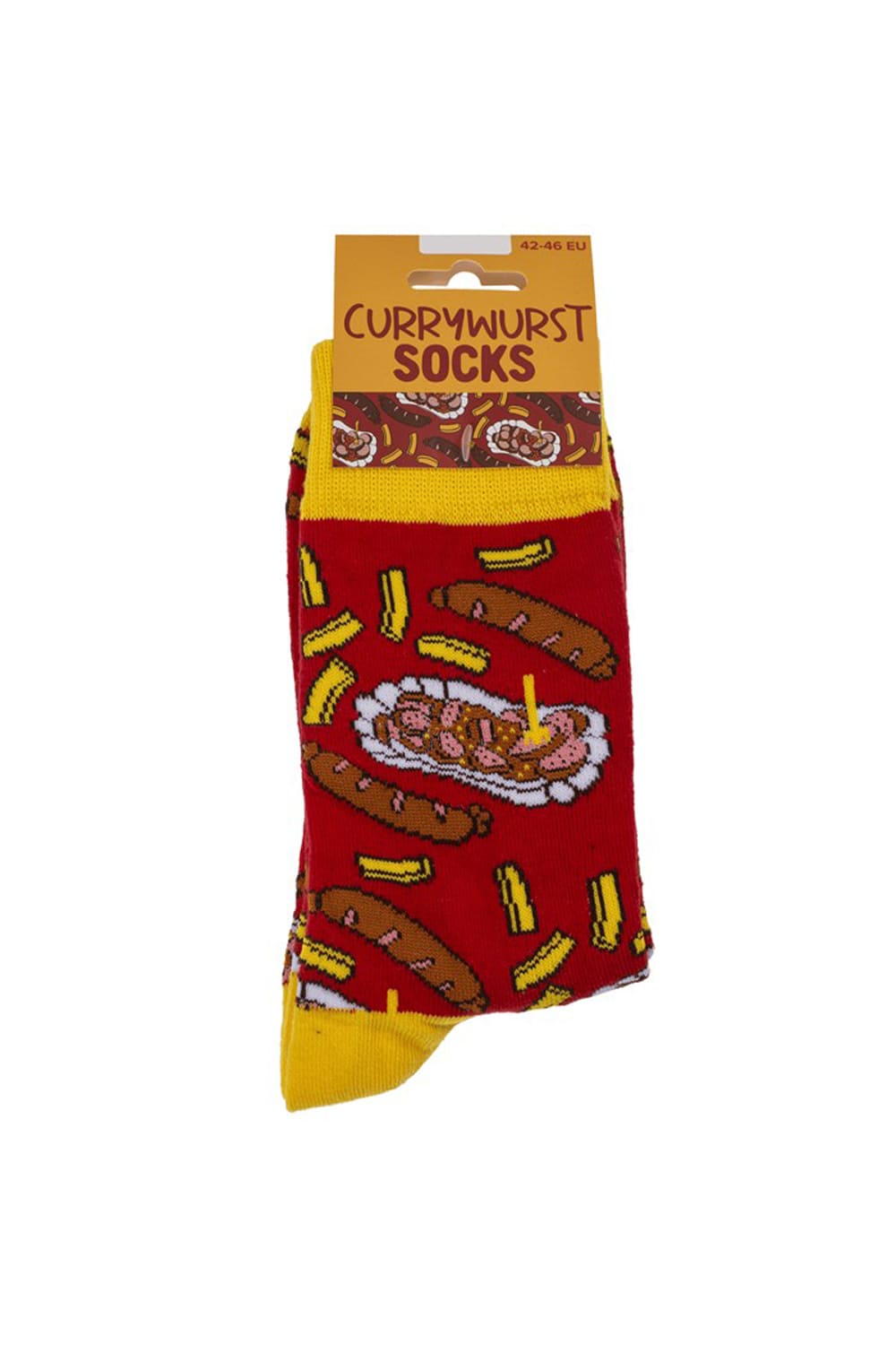 Currywurst Socken in Rot und Gelb mit eingestrickter Currywurst Pommes und Currywurst Tellern in Einheitsgroesse 42/46