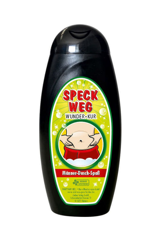 Tolles Duschgel, mit dem lustigem Bild und dem Spruch: Speck weg. Wunder Kur. Maenner Dusch Spass.