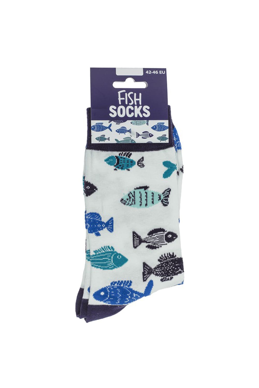 Fische Socken in Hellblau mit verschiedenen eingestrickten Fischen in Blau Tuerkis und Dunkelblau in Einheitsgroesse 42/46