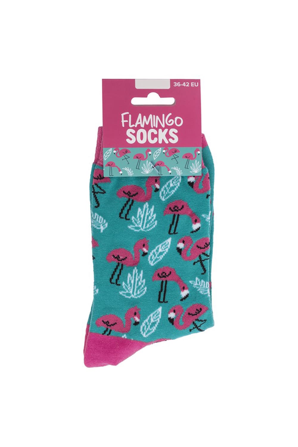 Flamingo Socken in Tuerkis und Pink mit eingestrickten Flamingos Blaettern und Pflanzen in Einheitsgroesse 36/42