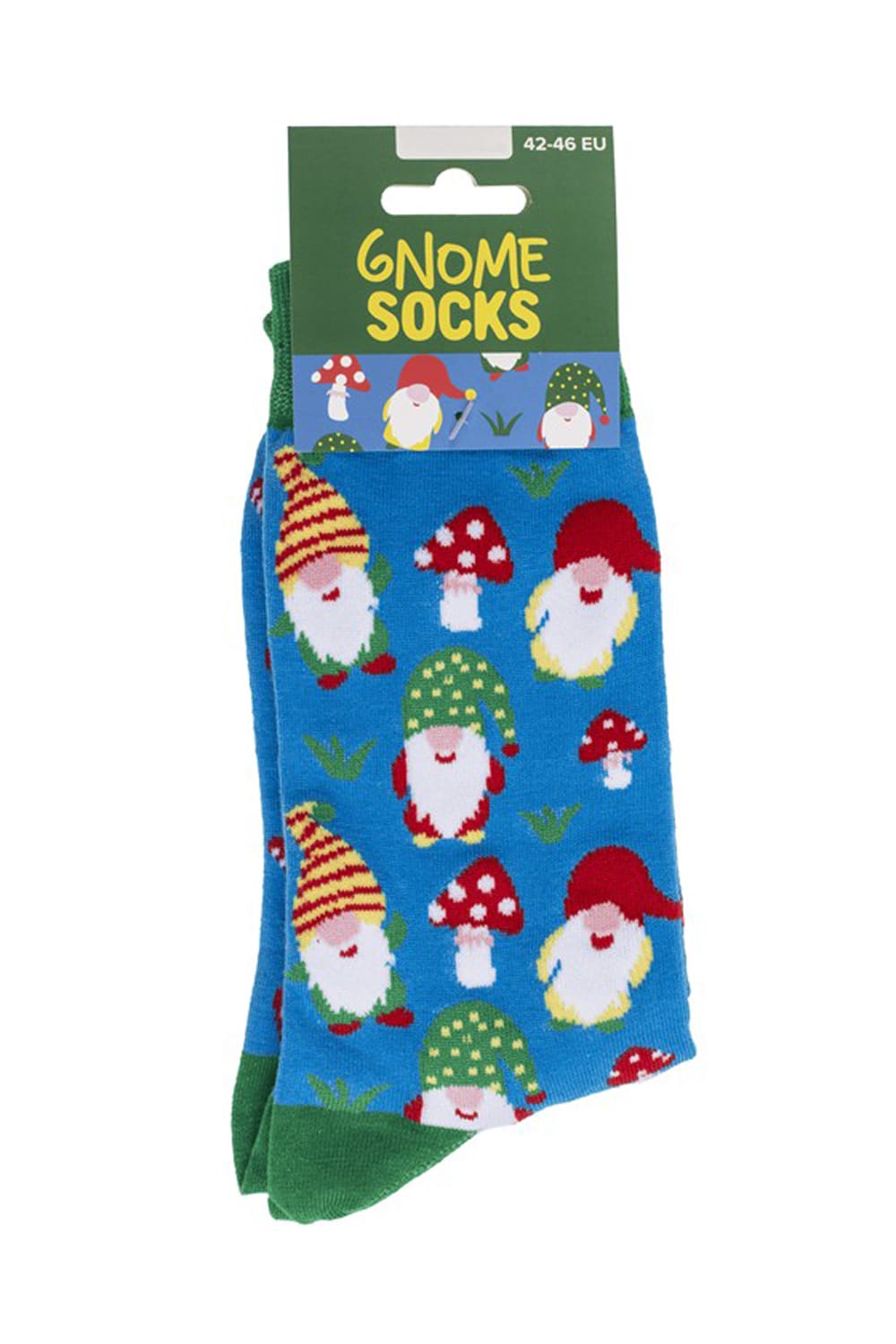 Gartenzwerg Socken in Blau mit bunten Gartenzwergen Fliegenpilzen und gruenen Details in Einheitsgroesse 42/46