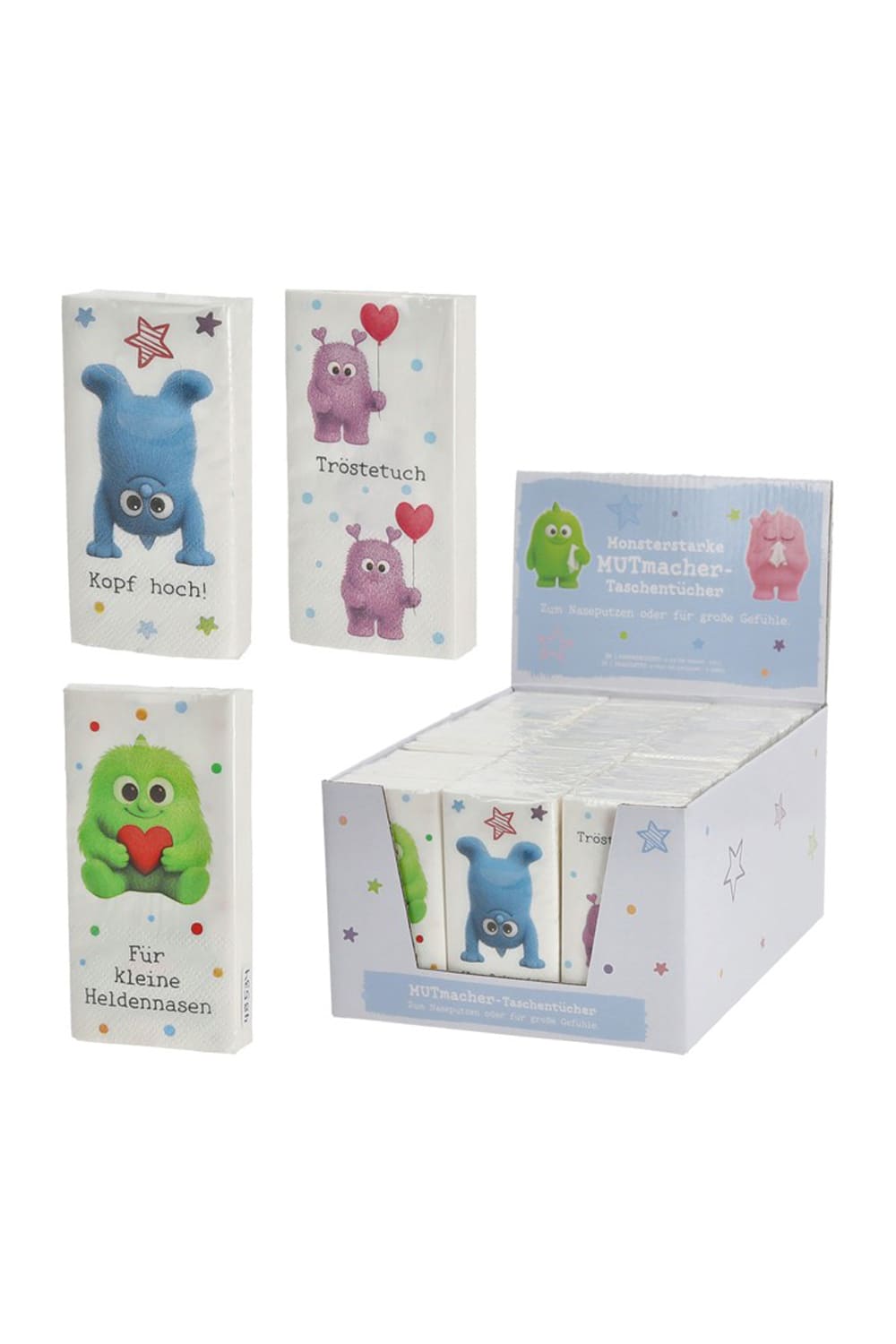 Mutmacher Taschentuecher mit bunten Monster-Motiven und aufmunternden Sprüchen im 3er-Set.