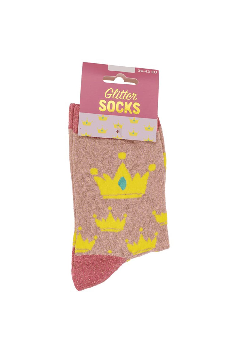 Prinzessin Glitzer Socken in Rosa und Gold mit goldenen Kronen und glaenzenden Faeden in Groesse 36 bis 42