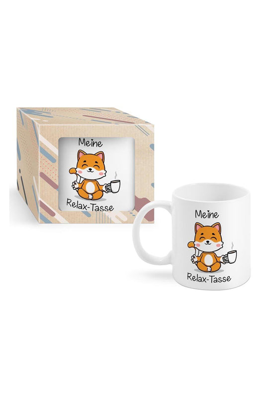 Die Tasse mit der Aufschrift: Meine Relax Tasse. Die bedruckte Keramik Spruchtasse ist verpackt in einer schoenen Kartonbox. Jetzt bei Geschenk Insel.