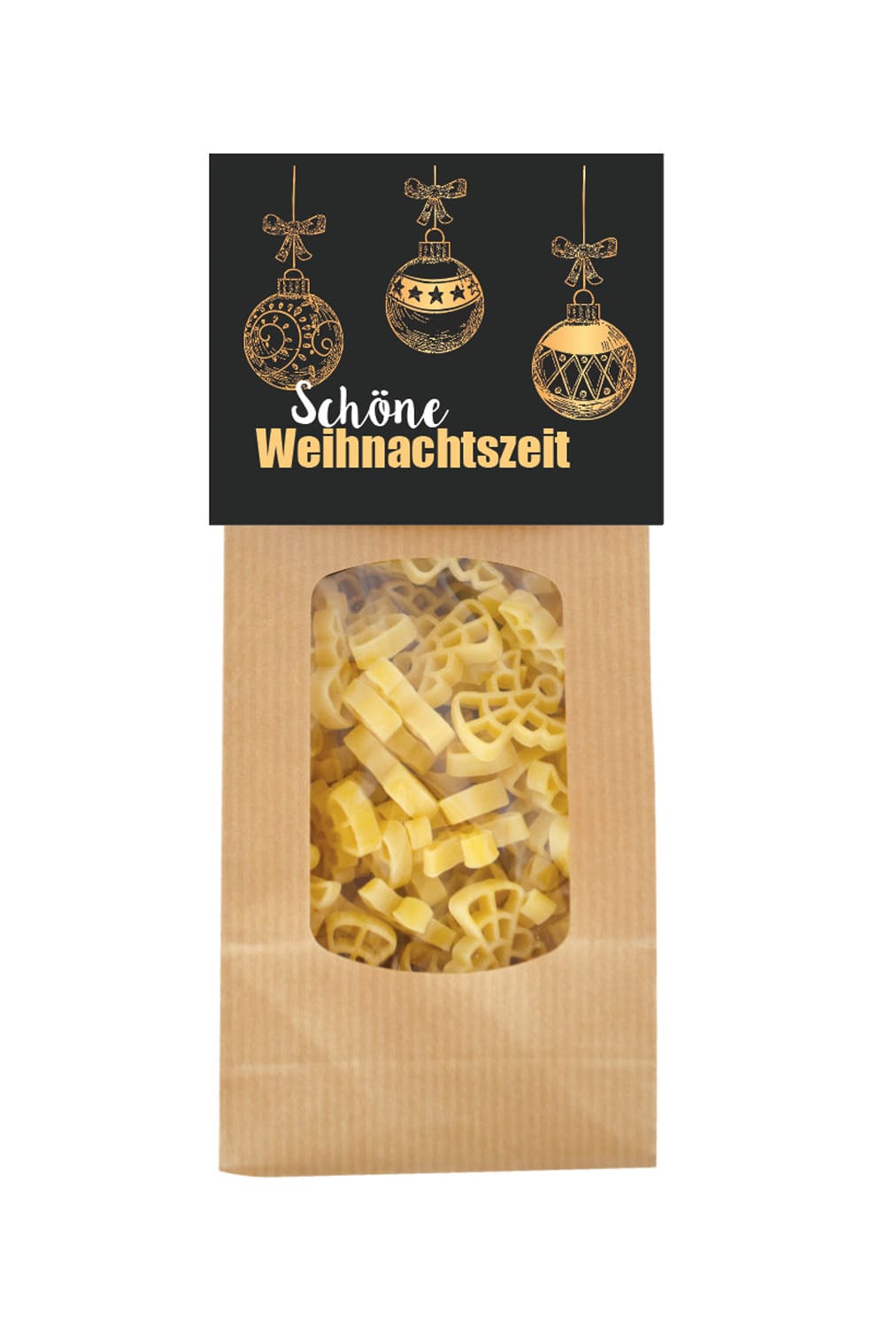 Die Teigwaren, sind in einer Engel Form. Der Spruch: Schoene Weihnachtszeit, befindet sich auf der Vorderseite. Die Pasta, werden in der Schweiz hergestellt und die Packung beinhaltet ca. 250 Gramm. Passend zur Adventszeit oder als Gschenk zu Weihnachten.