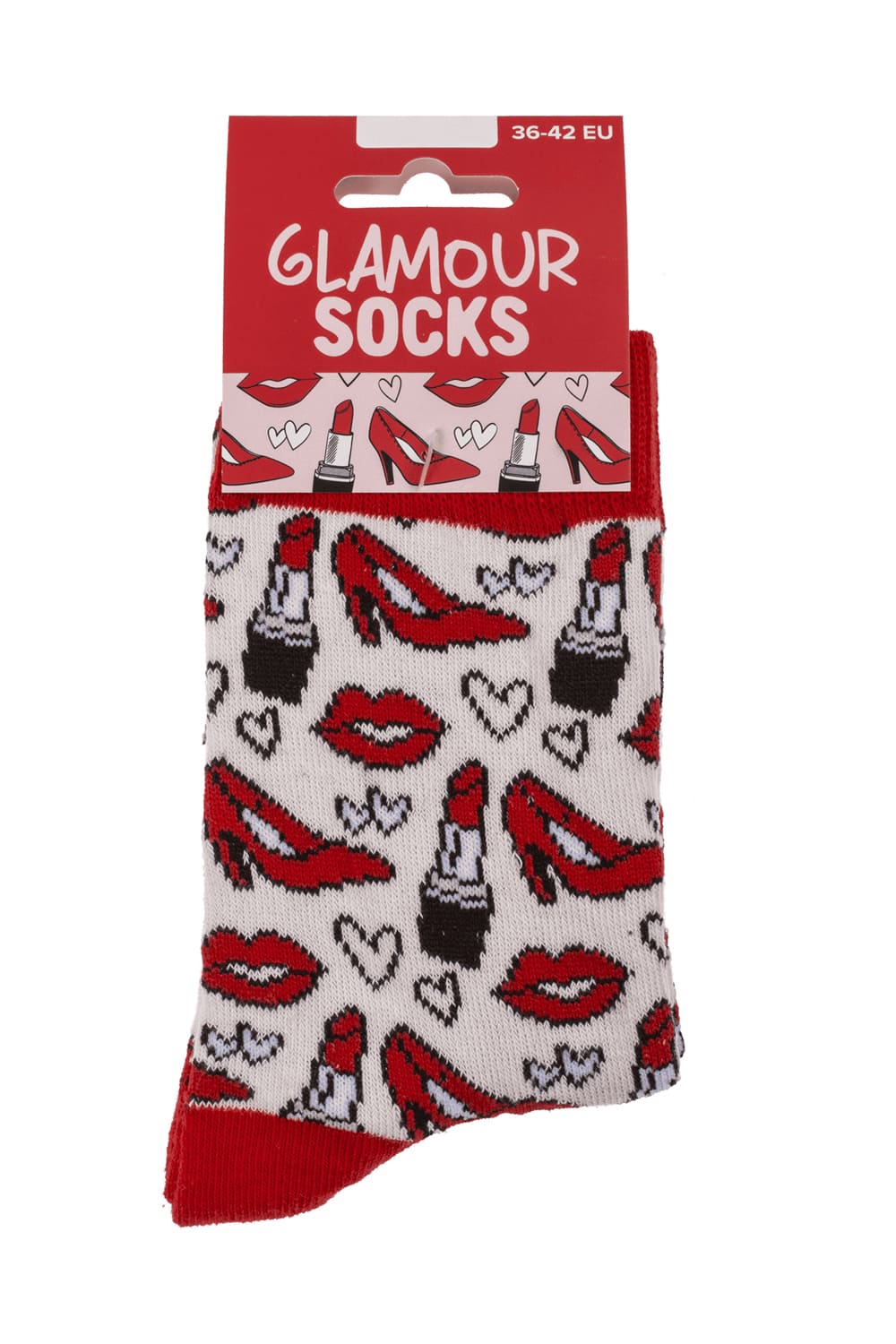 Spassocken mit Lippenstift Motiv! Diese lustigen Glamour Socken sind ein ideales Geschenk! Die Motivsocken sind in der Einheitsgroesse (36/42) erhaeltlich.