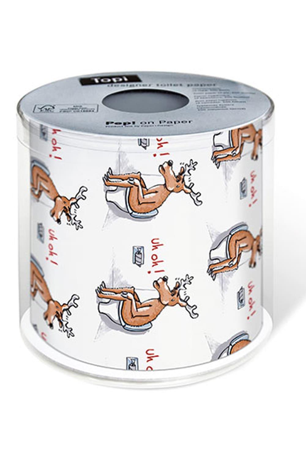 Dieses Klopapier ist einfach ein lustiges Advent Mitbringsel. Das charmante Rentier WC-Papier kann selbstverstaendlich auch in ein Geldgeschenk oder ein Gutschein Geschenk verwandelt werden. Perfektes Geschenk zu Weihnachten mit einer grossen Portion Kreativitaet und Humor. Denn das Rentier sitzt auf dem Klo.