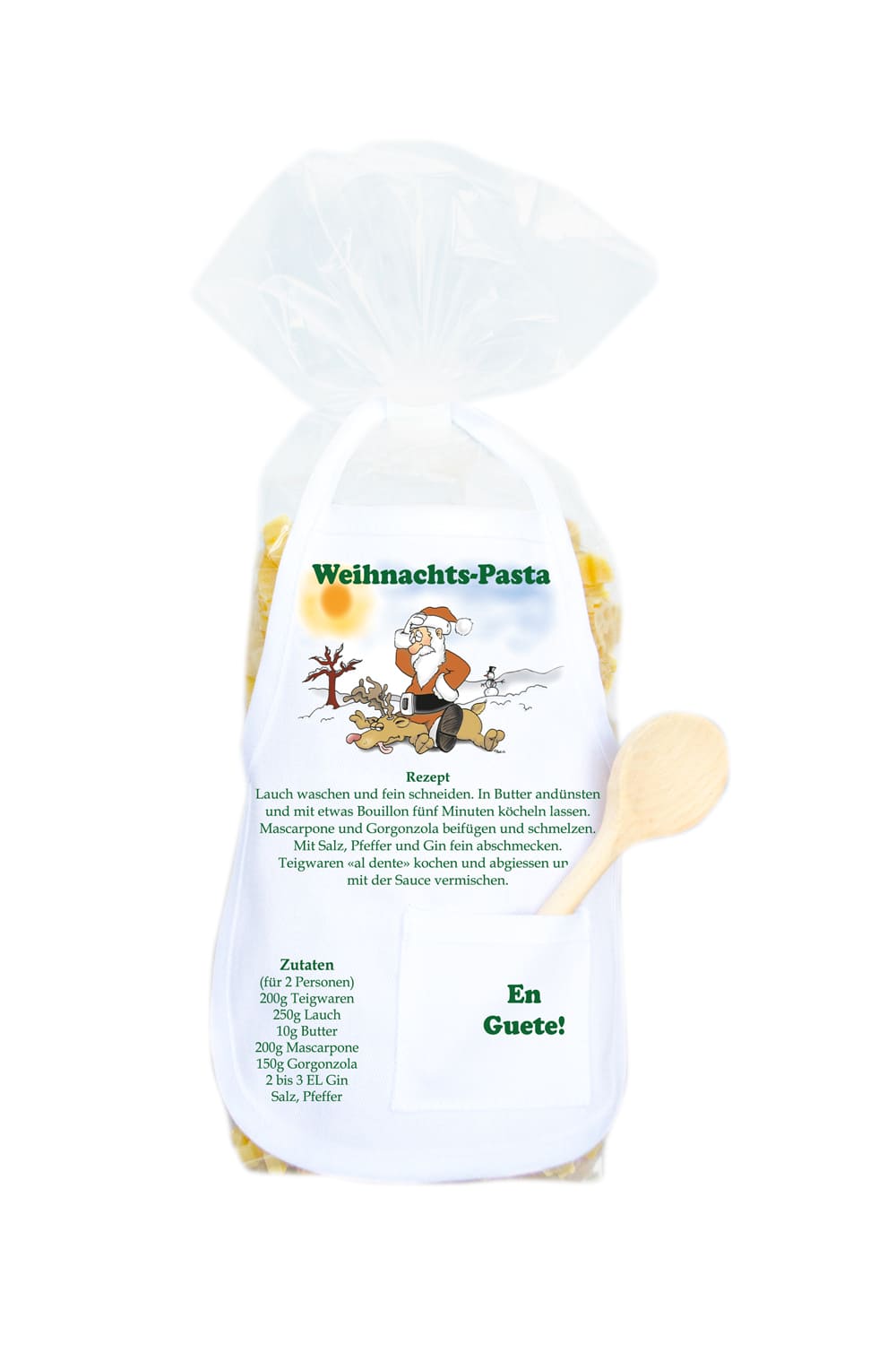 Weihnachts-Pasta in Engel Form. Pasta als Weihnachtsgeschenk mit der Abbildung von einem Samichlaus und einem Elch. Schoene Verpackung und ein kleiner Kochloeffel und Mini Schuerze