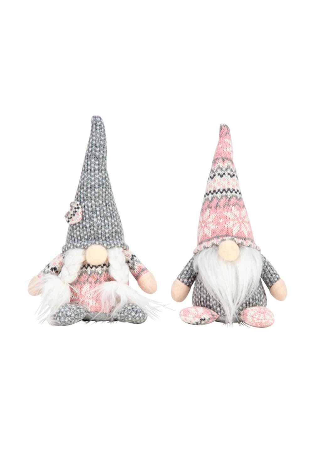 Wichtel rosa und grau im 2er Set mit winterlichen Zipfelmuetzen weissem Bart und Zoepfen als niedliche Weihnachtsdeko und Wichtelgeschenk