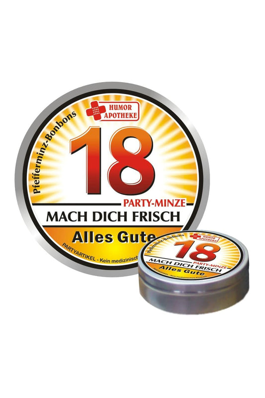 Diese Bonbons sind der Renner. Japanische Minz-Bonbons in der Dose mit dem Spruch: Mach Dich frisch. Alles Gute. Ein lustiges Geschenk zum 18. Geburtstag!