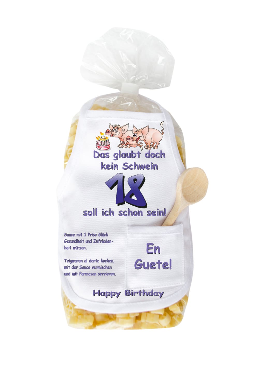 Die Pasta zum 18. Geburtstag sind in Form eines Schweinchen und in einer schoenen Verpackung. Auf der Mini Kochschuerze sind Schweine und eine Torte abgebildet sowie der Spruch: Das glaubt doch kein Schwein, 18 soll ich schon sein. Zusaetzlich befindet sich in der kleinen Tasche, ein kleiner Kochloeffel aus Holz.