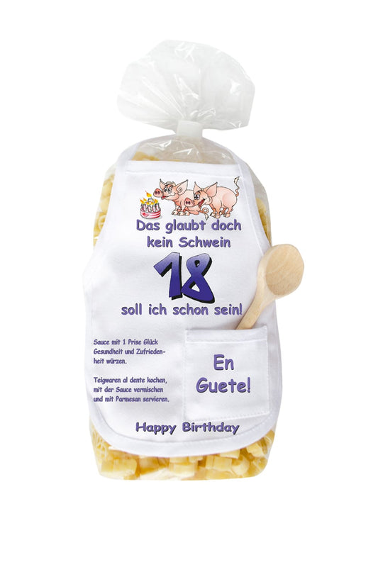 Die Pasta zum 18. Geburtstag sind in Form eines Schweinchen und in einer schoenen Verpackung. Auf der Mini Kochschuerze sind Schweine und eine Torte abgebildet sowie der Spruch: Das glaubt doch kein Schwein, 18 soll ich schon sein. Zusaetzlich befindet sich in der kleinen Tasche, ein kleiner Kochloeffel aus Holz.