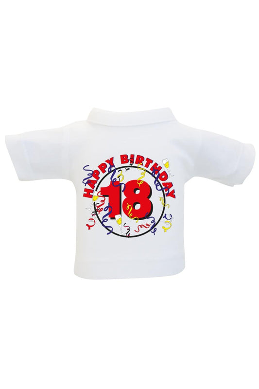 Das Mini T-Shirt ist ein lustiges Accessoire fuer Plueschtiere, Geschenke und Flaschen. Einfach das Mini Shirt einer Weinflasche oder einem Teddy anziehen und fertig ist die originelle Geschenkverpackung. Kleines Flaschenshirt mit der Aufschrift: Happy Birthday 18.